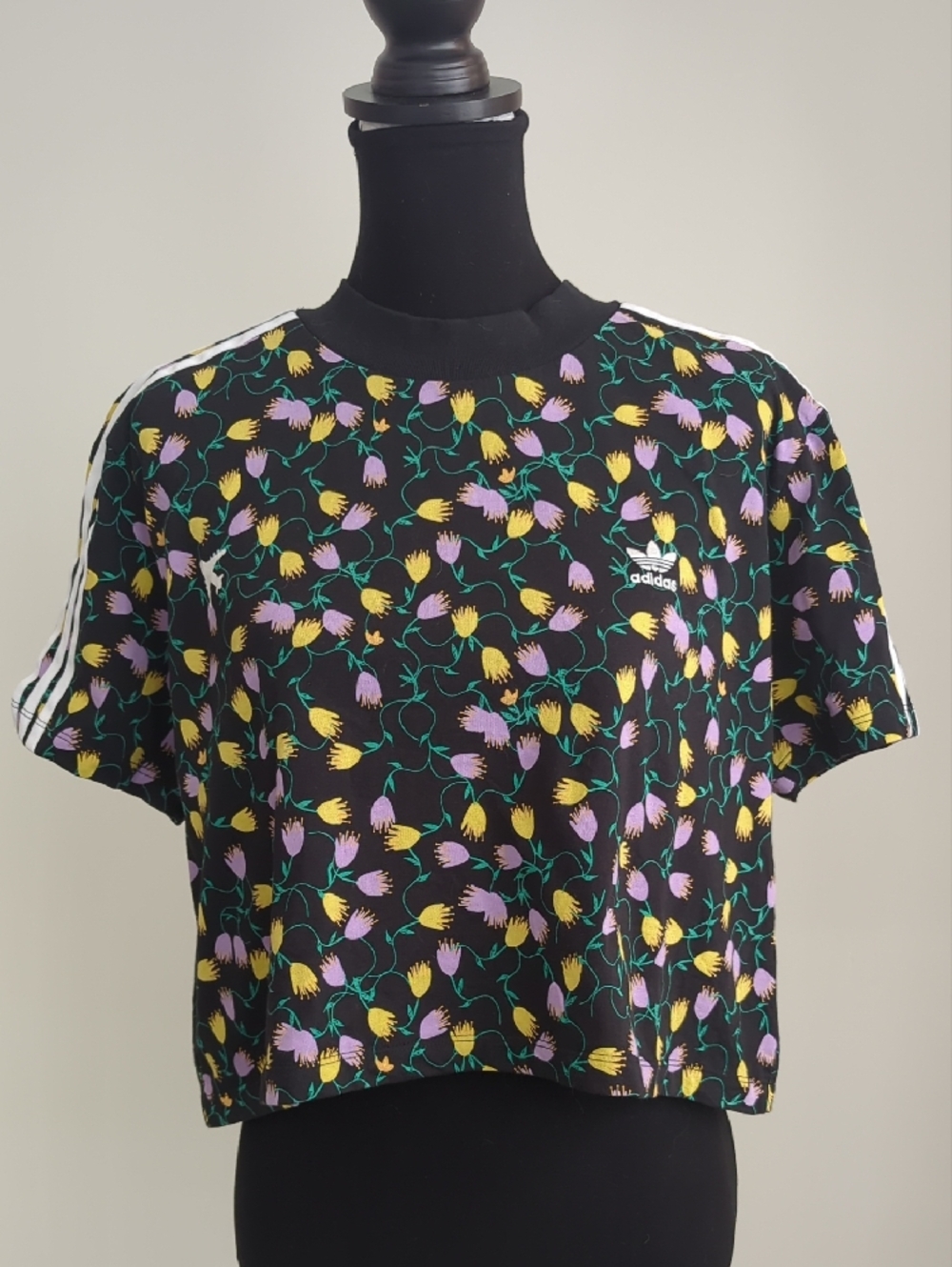 adidas Black Floral Short Sleeve Tee with White Stripes - Picture 3 of 13